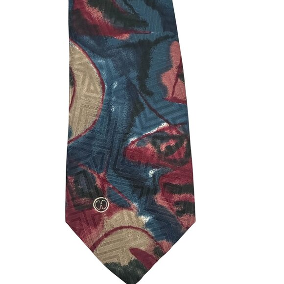 Halston III Mens Neck Tie Abstract Print Blue Red Gold Polyester Made In USA - Picture 2 of 5